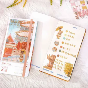Detailed view of hardcover weekly planner notebook featuring traditional palace cultural design art.
