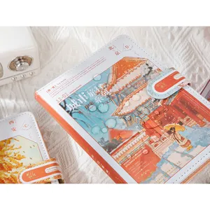 Hardcover magnetic clasp planner notebook with vintage city architectural illustration design.