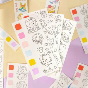 Kids watercolor coloring book set with cute animal outline drawings and color blocks.