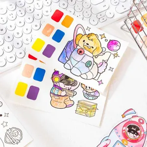 Watercolor coloring book with paint palette, cute cartoon space puppy illustration detail.