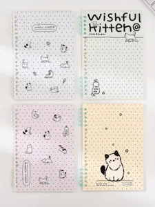 Joli carnet à spirales A5 feuilles mobiles motif chat, pages pointées, papeterie.