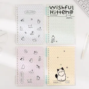 Carnet à Feuillets Mobiles A5 Chat Mignon Illustré Journal Ligné Bloc-Notes Couverture PP Classeur en Plastique Papeterie Scolaire