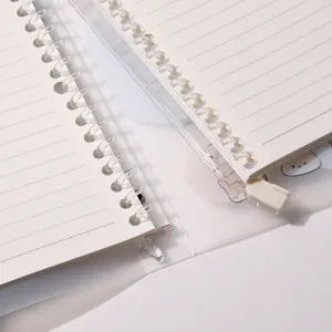 Transparent loose-leaf notebook with clear plastic spiral rings and slider mechanism