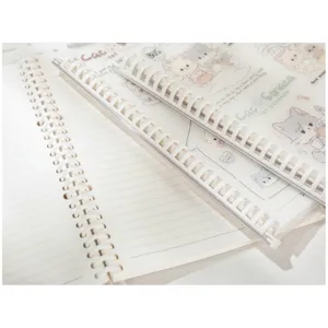 Refillable loose-leaf spiral notebook, cute cat illustration and lined inner pages detail.