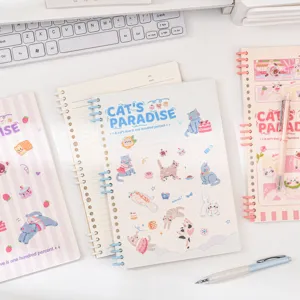Cuaderno de espiral de hojas sueltas B5 segmentado con linda ilustración de gato y rayas.
