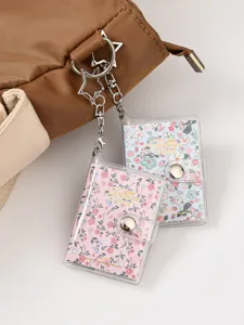 Mini floral notebook keychain portable transparent pocket journal cute schoolbag pendant accessory
