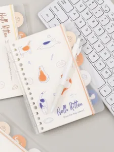 Cute 6-hole loose-leaf notebook planner diary with clear cover and cat illustrations for students.