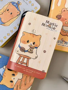 Gedetailleerd overzicht van zaknotitieboekjes met cartoon kattenbakthema en motivatiecitaten