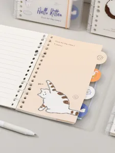 Detailed view of a cute 6-hole loose-leaf binder notebook featuring a lovely cat design.