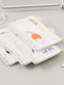 Transparent 6-ring loose-leaf notebook featuring cute cat illustration for daily journaling.