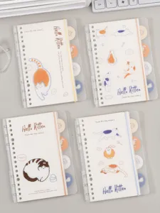 Cute 6-ring loose-leaf notebook with adorable cat illustrations and frosted cover for daily journaling.