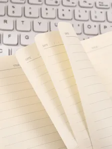 Gros plan des pages lignées d'un carnet beige avec en-têtes date et titre