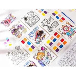 Watercolor coloring book DIY space theme painting cards set with palette for kids and art