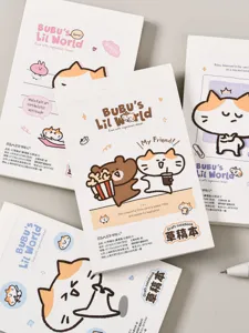 Primo piano dettaglio di taccuino A7 con gatto carino, cartoleria di carta, 80 fogli.