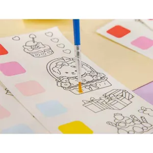 Children watercolor coloring book detail closeup, cute puppy and dessert line art sketch.