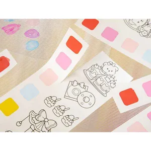 Children watercoloring book detail showing cute cartoon line art and color sample blocks for kids.