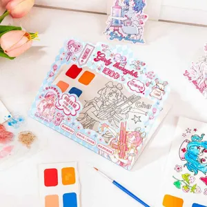 Detail view of DIY watercolor coloring book set with cute anime line art cards and palette.