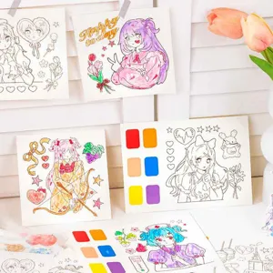 Watercolor coloring book DIY painting set with anime illustrations and color blocks for art.