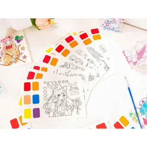 Watercolor coloring book detail view, featuring built-in paint palette and cute anime line art.