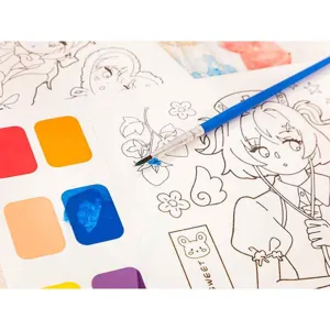 Watercolor coloring book detail view featuring built-in paint blocks and cute anime line art.