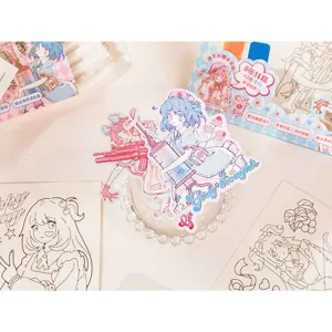 Anime illustration coloring book set with watercolor cards and cute character line art for DIY.