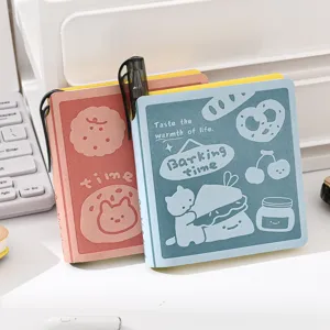 Cute pocket notebook memo pad with pen holder and cartoon cover design for students school daily use.