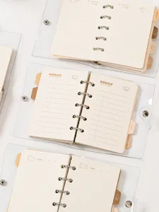 Dettaglio agenda ad anelli in PVC trasparente con anelli metallici e simpatiche linguette.