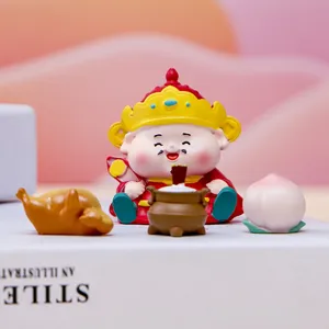 Close-up of cute cartoon God of Wealth figurine with miniature food offerings