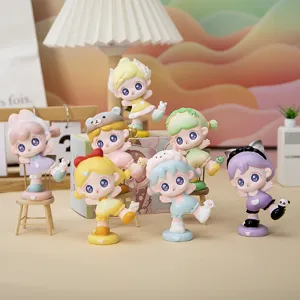Detailed group shot of six cute stylized blind box girl figures in pastel colors.