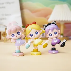 Set of three cute cartoon girl blind box figurines in playful poses with pastel colors