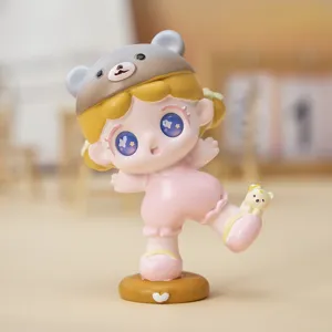High-quality close-up of a cute collectible girl figurine wearing a grey bear hat.