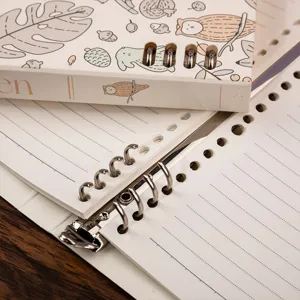 B5 loose-leaf lined notebook detail showing refillable metal rings and cute cartoon cover design.