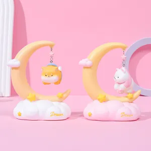 Cute moon fairy tale night lights featuring hanging shiba inu and bear resin figurines