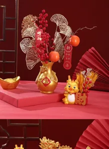 Detailed view of Chinese Dragon Year desktop decoration set with festive red berries