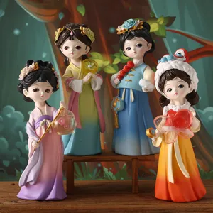 Style Guochao Ancienne Fille de la Dynastie Tang Ornement en Résine Figurine de Dame Hanfu Chibi Mignonne pour Décoration de Bureau de Salon Maison Cadeau