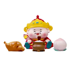 Adorable cartoon God of Wealth blind box figurine set with miniature roasted chicken and peach props