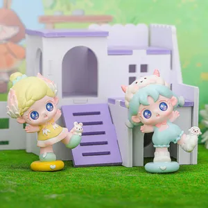 Cute cartoon blind box figurines set on decorative moss and purple toy house.