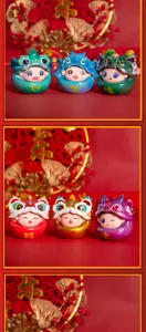 Macro detail of cute lucky beast resin figurines for Chinese New Year desk decoration