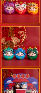 Detailed macro view of cartoonish dragon year auspicious beast resin figurines on a festive red background.