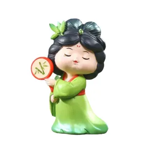 Cute Tang Dynasty lady resin figurine holding a bamboo fan for creative desktop decor