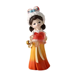 Élégante figurine de fille en résine style chinois avec chapeau de danse du lion déco