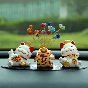 Cute Chinese style Maneki-neko lucky cat car dashboard ornament with colorful crystal balls