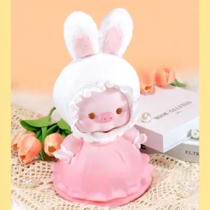 Adorable hucha de cerdito rosa con capucha de conejo de peluche blanco para decoración