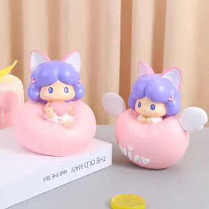 Lindo Portabolígrafos de Resina de Niña Perro de Dibujos Animados y Planeta Espacial Hucha Ornamento Rosa Azul Gato de la Suerte Estatuillas Decoración del Hogar Regalo para Niños