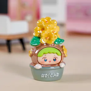 Figura de elfo de resina para caja ciega con flores amarillas en maceta