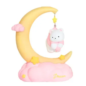 Luz nocturna de osito sobre luna amarilla y base de nube rosa regalo decorativo