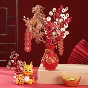 Traditional Chinese Dragon Year flower arrangement ornament and zodiac figurine set for home decor