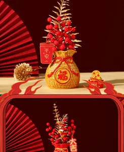 Detailed view of Chinese fortune bag piggy bank with red berries and golden leaves
