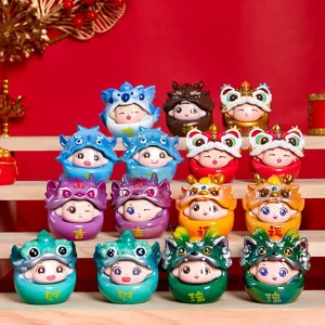 Auspicious beast blind box figurines in dragon costumes for Chinese New Year desktop decor