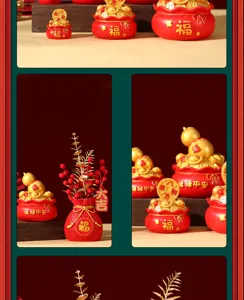 Traditional red lucky bag cornucopia ornaments with gold coins for home decoration